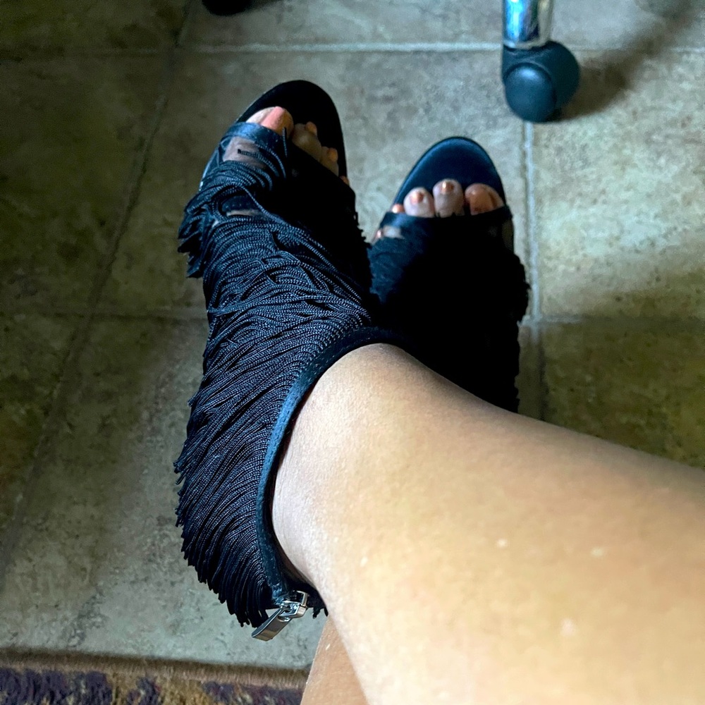 ABS Black Fringe Peep Toe Shootie, Sz 7.5M